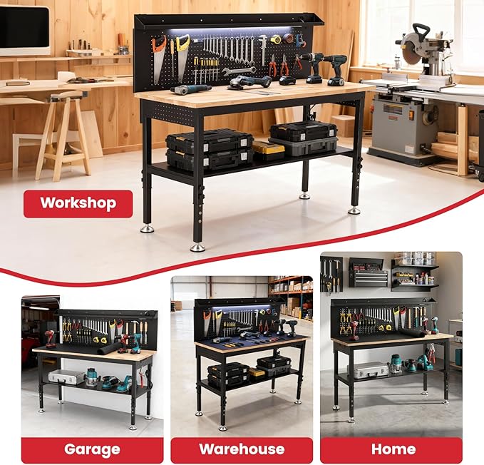 ENJOYWOOD 60'' Heavy Duty Workbench 3000 LBS Load Capacity Adjustable Height Garage Work Bench with Pegboard, Storage Shelf, Power Outlets and LED Light
