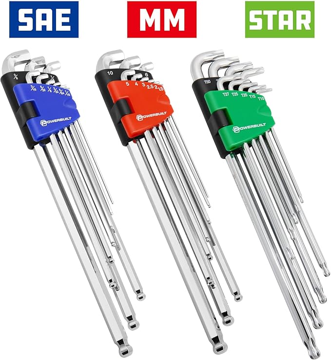 Powerbuilt 9 Piece Metric Stubby Long Arm Ball End Hex Key Wrench Set, Allen Hex Key Wrench, Extra Long Arm, Ball End, size 1.5 to 10mm - 240100