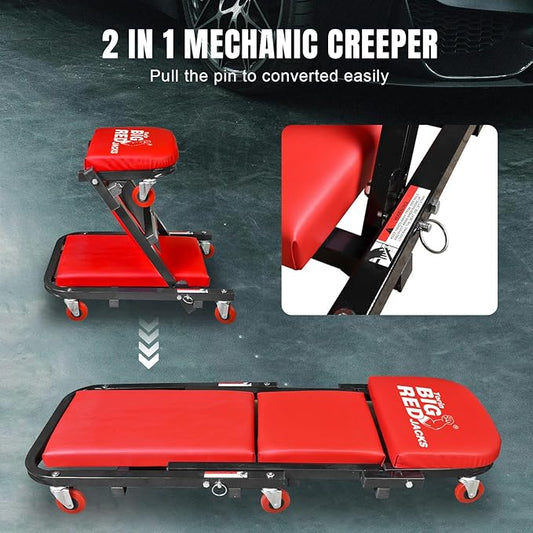 Big RED ATW4015ZR Torin ,40" Foldable Z-Creeper Seat,2-in-1 Garage/Shop Creeper,330 lbs Capacity,Low Profile Creeper with 6 pcs Wheels for Auto Repair,Garage and Shop,Lay Down or Sit,Red