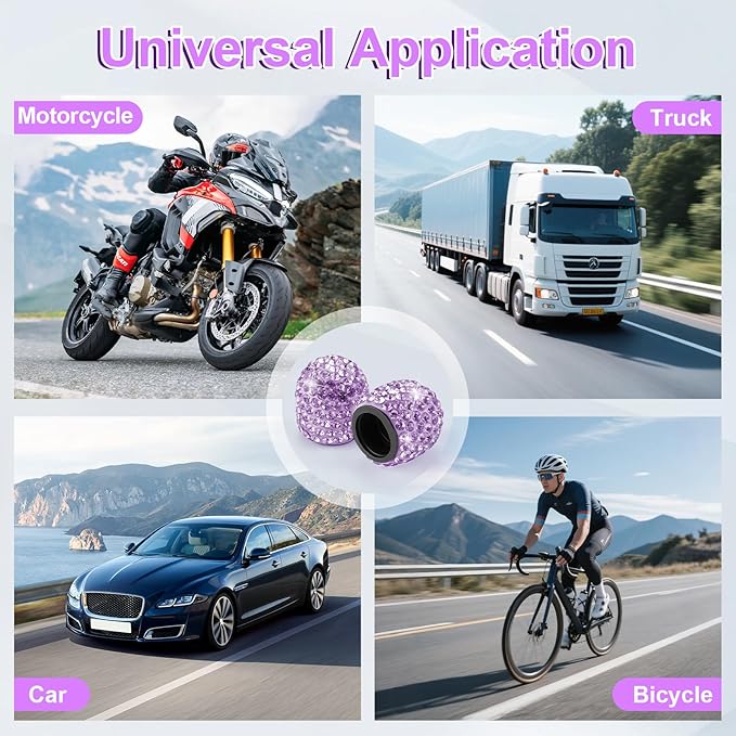 JUSTTOP 4 Pack Handmade Crystal Rhinestone Car Tire Valve Stem Caps, Car Wheel Tire Valve, Attractive Dustproof Bling Car Accessories, Universal for Cars, Trucks and Motorcycles-Purple