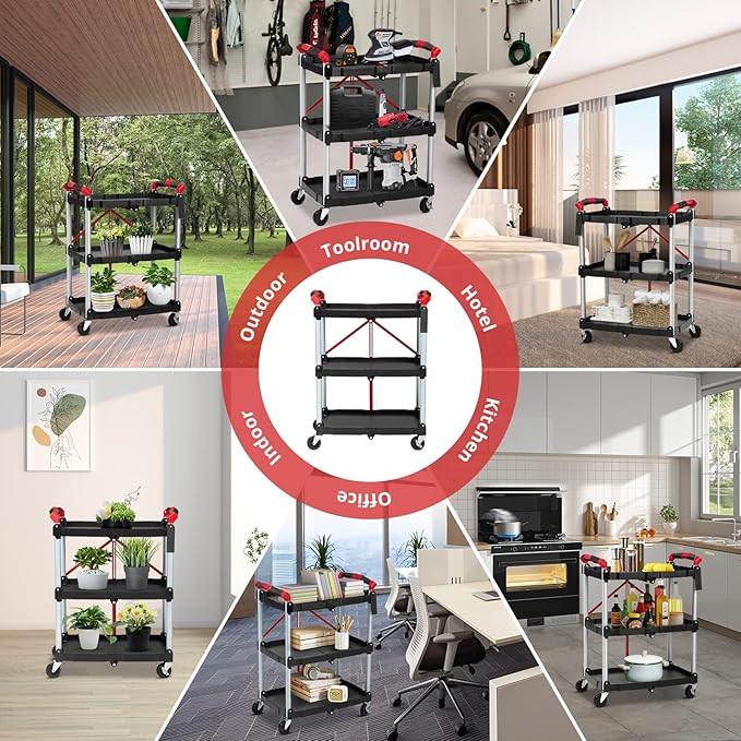 PioneerWorks Folding Utility Service Cart, Collapsible Cart with Wheels, 3 Tier Rolling Utility Cart, Folding Cart with Wheels Collapsible, Service Cart for Tool, Grocery, Bar, Garage, Kitchen, Office