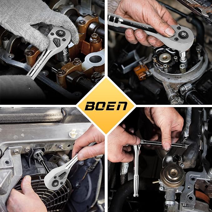boen 1/2-Inch Drive Ratchet, 90-Tooth Quick-Release Ratchet Wrench, 4-Degree Swing, Reversible, Chrome Alloy Made, Full Polished