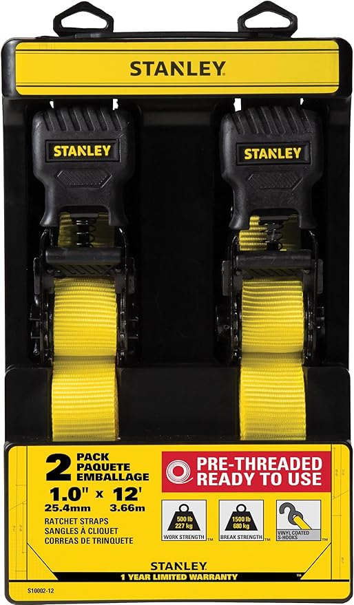 STANLEY S10002-12 Black/Yellow 1" X 12' Ratchet Straps - 500 LBS Safe Working Load / 1,500 LBS Break Strength, 2 Pack