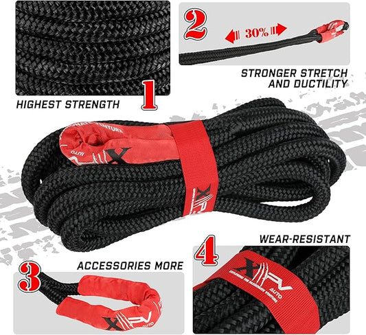 XPV AUTO 7/8''x30FT Kinetic Recovery Rope(32,000lb.) Black with 2 Soft Shackles Power Stretch Snatch Tow Strap for 4WD Offroad Truck ATV UTV SUV