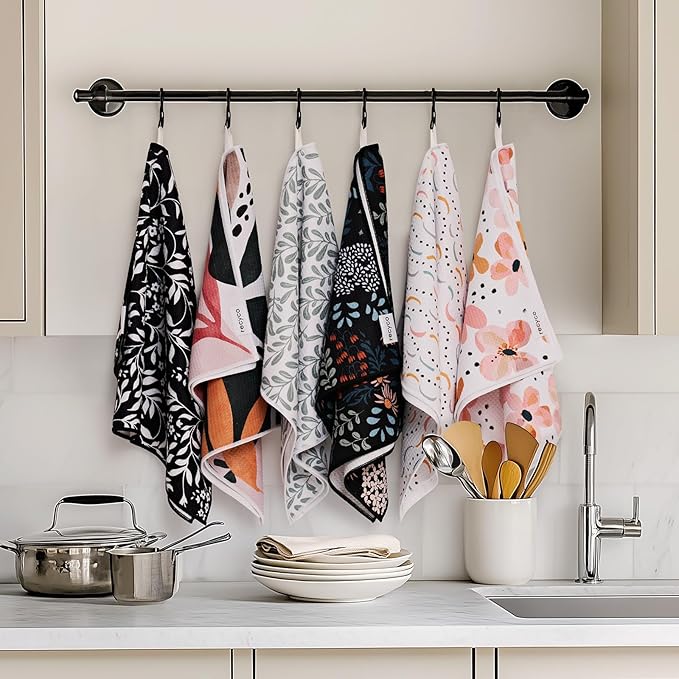 RECYCO Waffle Kitchen Towel Set of 2 - Quick Dry Microfiber Sustainable Dish Towels - Ultra Absorbent Reusable Cleaning Tea Towels - Lightweight Hand Towels,16”x 28”, Black & White Florals