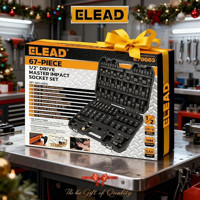ELEAD 67 Piece 1/2" Drive Deep Impact Socket Set: Standard SAE (3/8"-1-1/4") & Metric (8-24 mm), Including 3 ", 5", 10" Extension Bar, Universal Joint, Ratchet Handle and Adapter