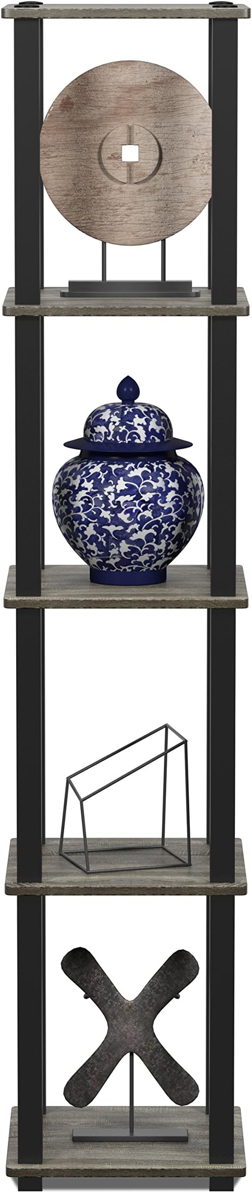 FURINNO Turn-S-Tube 5-Tier Corner Square Rack Display Shelf, French Oak Grey/Black