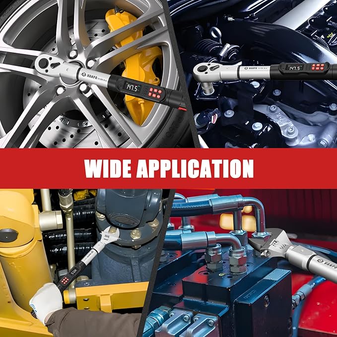 VANPO Adjustable Digital Torque Wrench, 7.4-147.5Ft.lb/10-200Nm, ±2% Accuracy, HVAC Torque Wrench Interchangeable 38mm Jaw & 1/2" Ratchet, Buzzer, Vibration and LED Alert for Split AC, Car