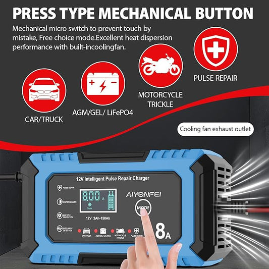 12V 8A Battery Charger, Smart Trickle Charger & Battery Maintainer, Desulfator, Temperature Compensation for LiFePO4, Lead Acid, AGM, Gel, EFB, VRLA, Car, Truck, Motorcycle, Boat (Blue)