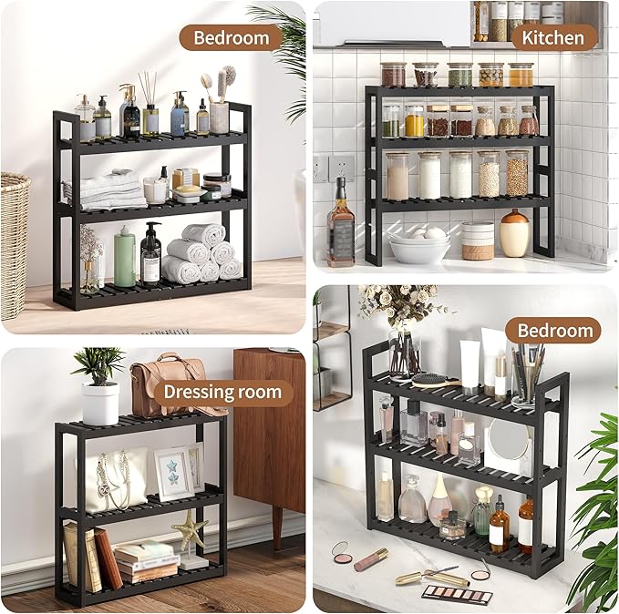 FILWH Bathroom Shelf Bamboo Organizer Rack Adjustable 3-Tier Storage Shelf Wall Mounted Storage Rack Over The Toilet Utility Shelves Living Room Kitchen Shelf(Black)