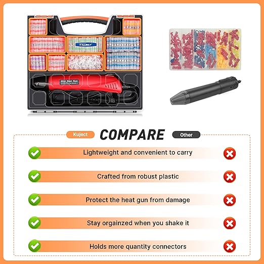 Kuject 1200PCS Solder Seal Wire Connectors Kit with Heat Gun 400℃/752℉ & Organizers, AWG 26-8 Waterproof Heat Shrink Butt Terminals, Solder Stick Connectors for Marine, Automotive and Truck Wiring