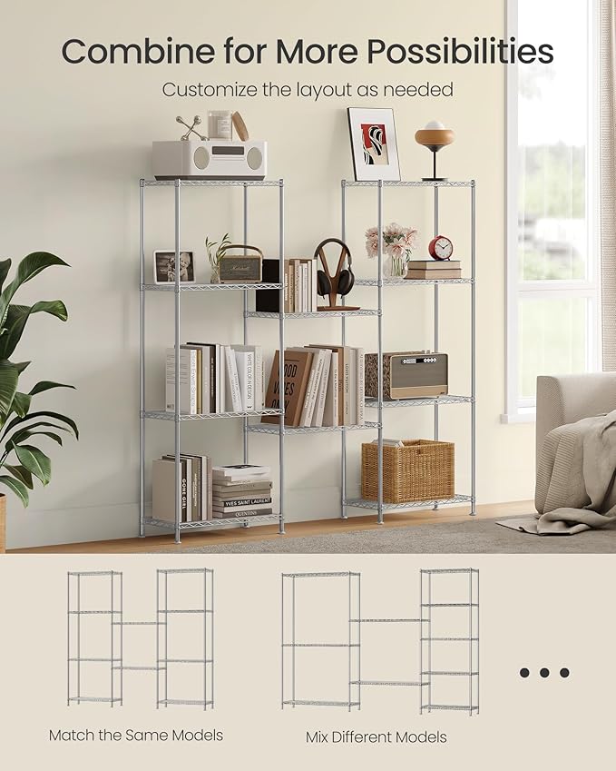 SONGMICS Storage Shelf, Metal Wire Shelving Unit, Adjustable Shelves, for Garage, Bedroom, Living Room, Kitchen, Pantry, 5 Tier, 11.8 x 23.6 x 63.4 Inches, Silver Color ULGR165EA01S