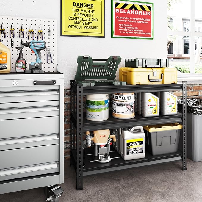 3-Tier Garage Shelving Heavy Duty,40”W x 18”D x 36”H Metal Shelving Unit,1320 lbs Weight Capacity Adjustable Storage Shelves for Retiple Tanks, Aquariums, Pantry, Garage,Black