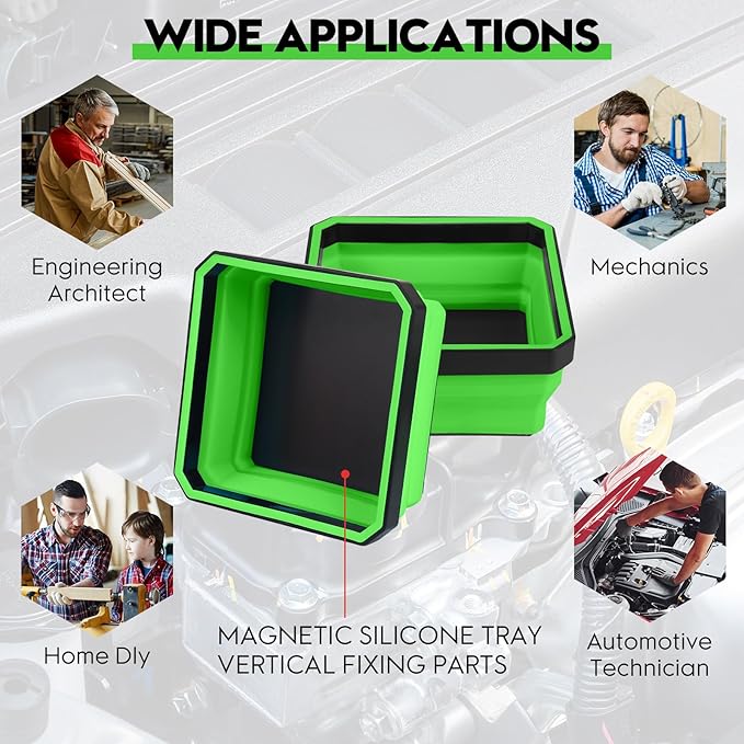 Collapsible Magnetic Parts Tray Set, 4 Pack New Version Magnetic Tool Trays for Screw Bolts Nuts Washers Pins & Small Metal Parts-4.5” Square Silicone Bowls with Double Sided Magnetic Base(Green)