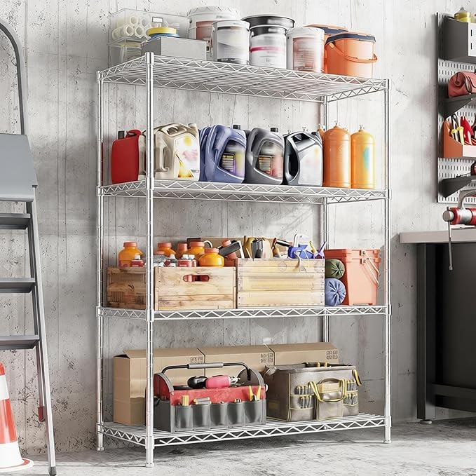 Xcity Storage Shelves, 4 Tier Heavy Duty Metal Shelving Unit with Wheels, 1600 LBS Capacity Adjustable Steel Wire Shelf Organizer for Pantry, Kitchen, Garage, 18" D x 36" W x 60" H, Chrome