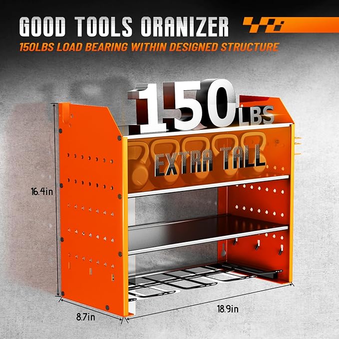 4 Tier Garage Tool Organizer, Drill Holder Wall Mount,Power Tool Storage,Heavy Duty Rack with Hooks,Mens Gifts Orange