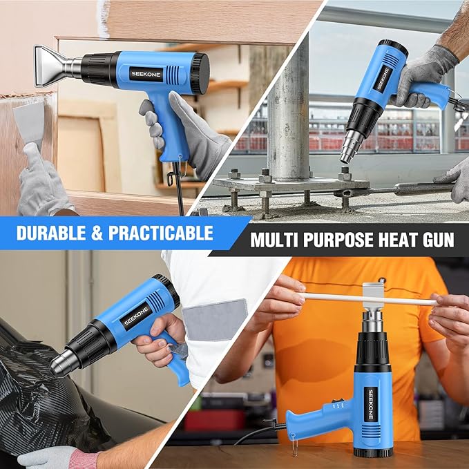 SEEKONE Heat Gun, 1800W Heavy Duty Hot Air Gun Kit Dual-temperature Setting 572℉&1112℉, Hot Heat Gun with Overheat Protection, 4 Nozzles Included, for Shrinking PVC, Stripping Paint, Crafts (5.2ft)