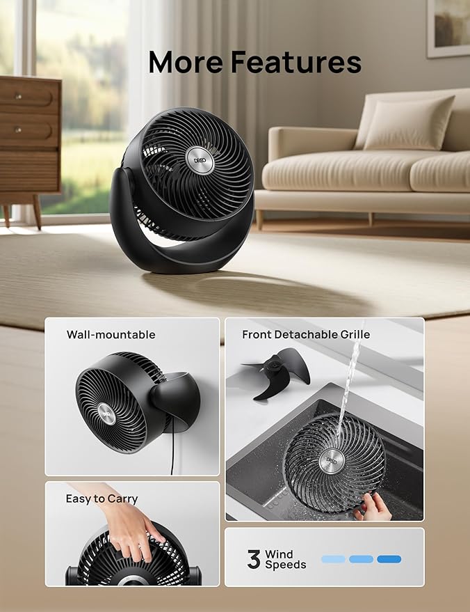 Dreo Fan for Bedroom, Floor fans for Whole Room, 40ft Strong Airflow, 120ยฐ Adjustable Tilt, 28db Low Noise, Quiet, 11 Inch, 3 Speeds, 2025 New Air Circulator for Office, Kitchen, Home