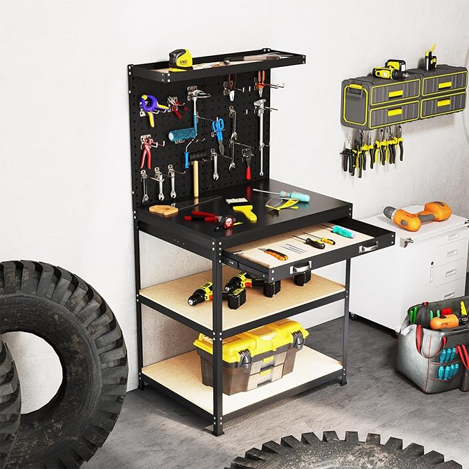 Goplus Workbench with Drawer, 32" x 16" Heavy-Duty Work Table with 2 PCS Pegboard & 4 Shelves, 19 Hanging Hooks, 495LBS Capacity, Metal Tool Storage Work Bench for Garage, Workshop, Home