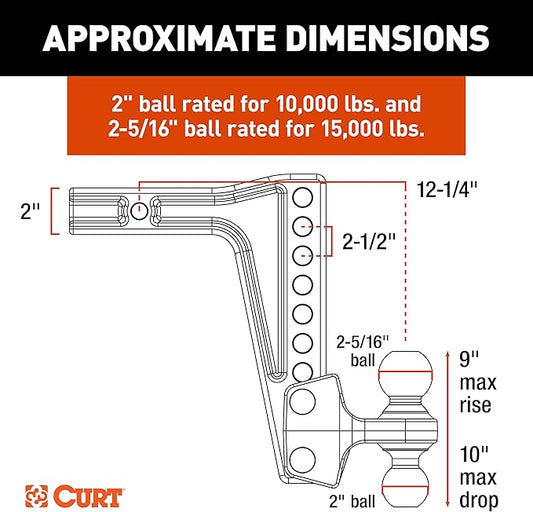 CURT 45936 Deep-Drop Adjustable Trailer Hitch Ball Mount with Dual Ball, 2" Shank, Up to 15,000 lbs