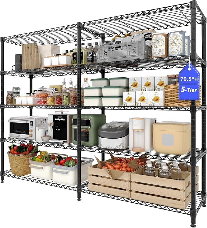 5-Tier Metal Storage Shelves, 60" Wide Wire Shelving Unit, 1325LBS Load Heavy Duty Adjustable Corner Standing Shelf Rack, H/L-Shaped, for Garage. Kitchen, Pantry, Basement,13.8" D x 70.5" H