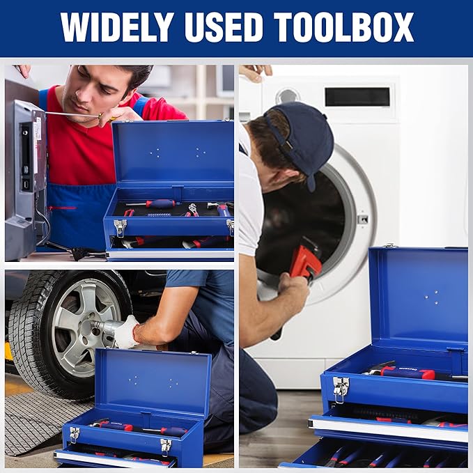 WORKPRO Tool Box with Drawers, 18 Inch with 2 Drawers and 1 Top Storage, Portable Toolbox with Metal Latch and Liner for Garage, Office and Home Storage, 100 LBS Load Capacity (Totally)