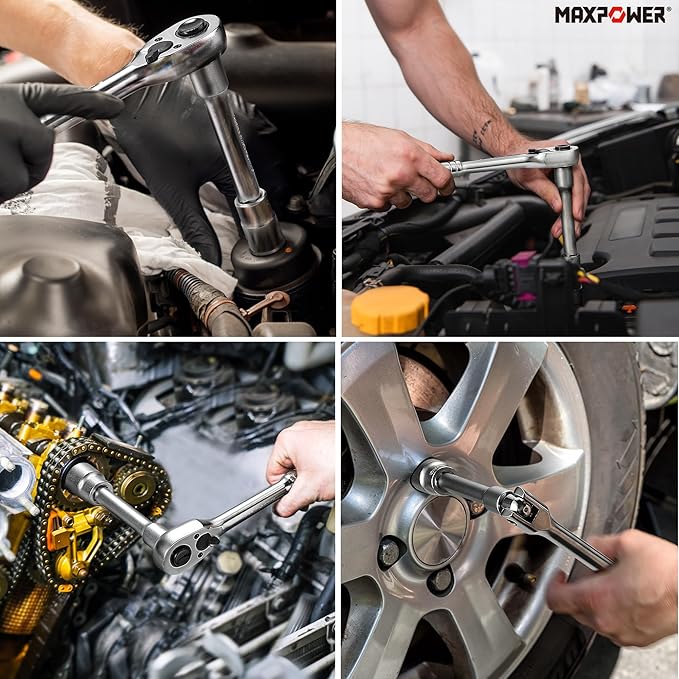 MAXPOWER 1/2" Drive Socket Wrench Set, 16-Piece, Including 13-Piece SAE Sockets, 1/2" Drive Breaker Bar, 1/2" Ratchet Wrench and Extension Bar