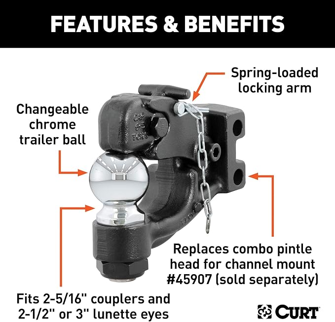 CURT 45900 Adjustable Trailer Hitch Ball Mount, 2-Inch Receiver, 6-Inch Drop, 5-1/4-Inch Rise + 45920 Channel-Mount Pintle Hitch with 2-5/16-Inch Trailer Hitch Ball, 13,000 lbs. GTW, Fits 2-1/2-Inch