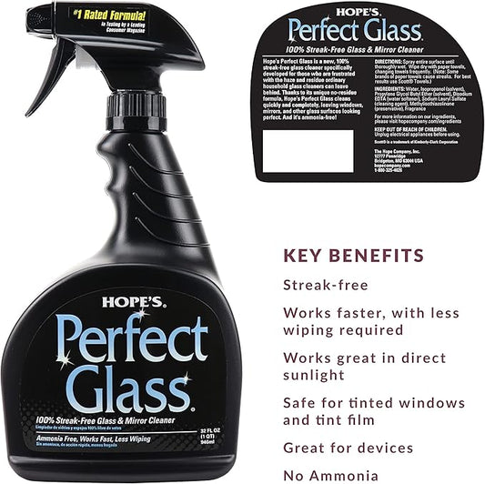 HOPE'S Perfect Glass Cleaner Spray, Streak-Free, Ammonia-Free Window, Mirror, Screen, Tinted Glass, and Shower Door Cleaner, Indoor and Outdoor Glass Surfaces, 32 Fl Oz, Pack of 2