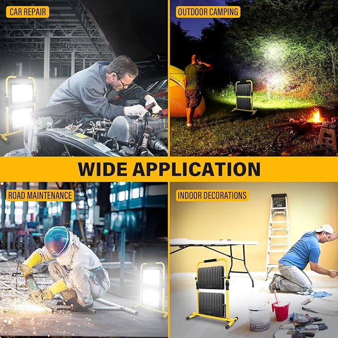 Willpower Portable Stand LED Work Light, 2X 100W 20000LM Floodlights Folding Job Site Security Lights for Camping Workshop Garage Garden Outdoor Lighting, 5M Wire with Plug, IP65, 6000K White