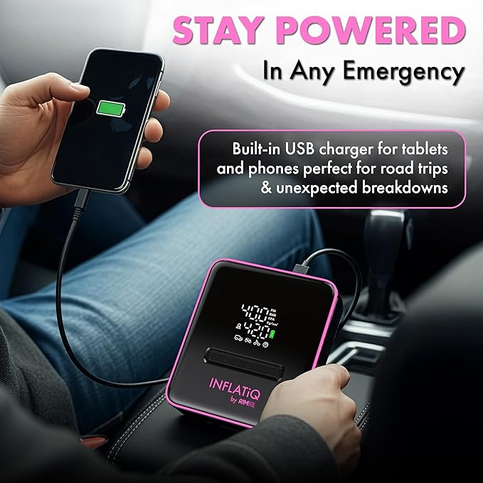 INFLATiQ by RIMiQ Tire Inflator Pink - Powerful, Award-Winning QWIKFLOW Technology with 2 Portable Power Options Included - Strong Vehicle Air Pump for Trucks, Cars, Motorcycles, Bicycles, Balls
