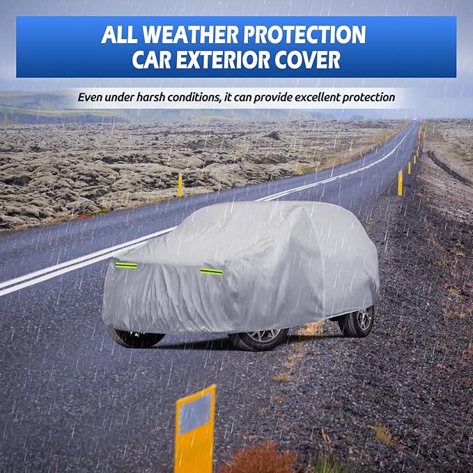 Car Cover Waterproof All Weather for Automobiles, SUV Cover Size A7 Universal Fit for Toyota Highlander, Honda Pilot, Nissan Pathfinder/Murano, BMW X5(191-201 inch), Silver