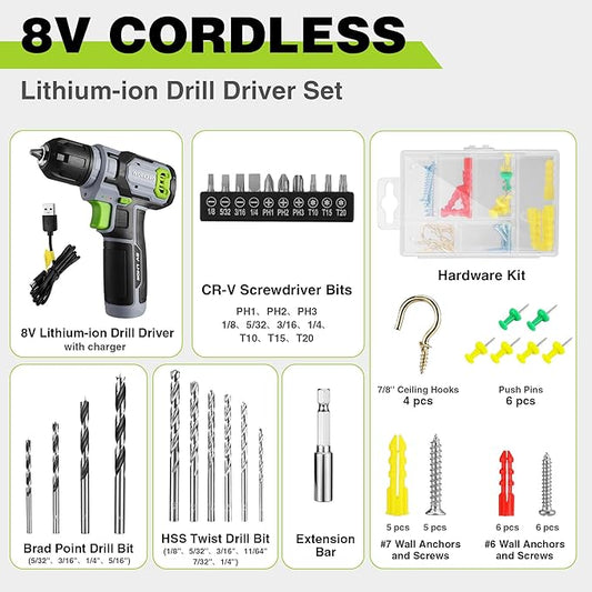 WORKPRO Cordless Power Drill Set, 8V Cordless Drill Driver Set with 53pcs Bits, 2.0Ah Electric Tool Kit with 3/8" Keyless Chuck and Variable Speed Trigger, Portable for Home Improvement, DIY