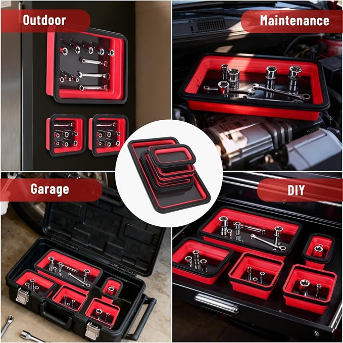Collapsible Magnetic Parts Tray Set, Double-Sided Foldable Magnetic Tool Tray for Screws Bolts Nuts Washers, Ideal Storage Organizer for Mechanics Automotive DIY Garage Workshop