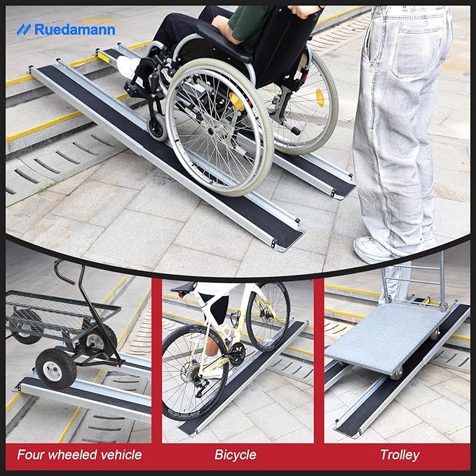 Ruedamann Wheelchair Ramp 6FT Telescoping Wheelchair Ramps for Home Steps Portable Non-Skid Ramps for Wheelchairs for Home Adjustable Aluminum Wheelchair Ramp Storage Bag (2 Pcs)