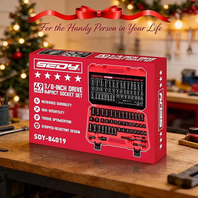 3/8" Drive Impact Socket Set - 49-Piece SAE (5/16 to 3/4 inch) and Metric (8-22mm) Sizes with Extension Bars and Universal Joint Standard & Deep CR-V Material for High Durability Impact Wrench