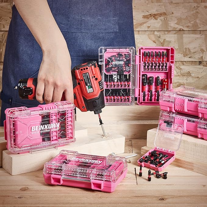Geinxurn 56Pieces Impact Screwdriver Bits Set, Magnetic S2 Steel Phillips/Slotted/Square/Torx Insert Power Bits Tips, Impact Bit Holder with Pink Storage Box Case