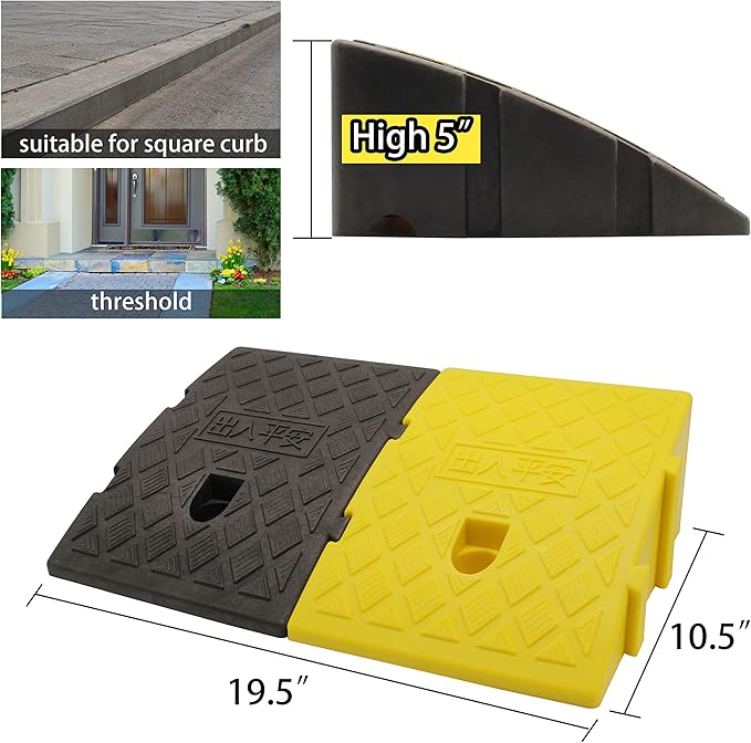 YYDS Curb Ramps,Plastic Lightweight Curb Ramp -2pcs,Protable Threshold Ramps,19.5" L x 10.5" W Driveway Ramps with Slots for Lawn mowers, Wheelchairs, Bikes, Motorcycles,Black&Yellow (High 5”)