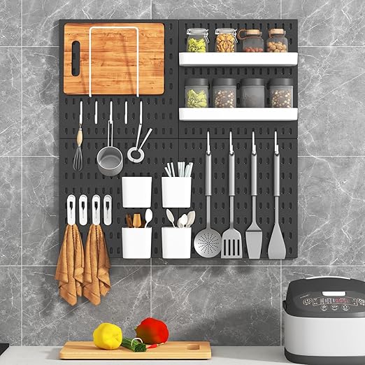 Peg Board Combination Kit, 4 Pegboards with 20 Accessories, Pegboard Wall Organizer for Office, Nursery & Home Storage, Key Holder, 25.6"x25.6" – Nail-Free Installation(Black)
