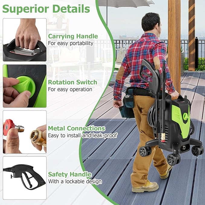 COSTWAY Electric Pressure Washer with 4 Universal Wheels, 2400 PSI High Pressure Cleaner Machine with 4 Nozzles and Soap Bottle, 1.7 GPM Portable Washer for Car, 3 Self-Priming Ways (Green+Black)