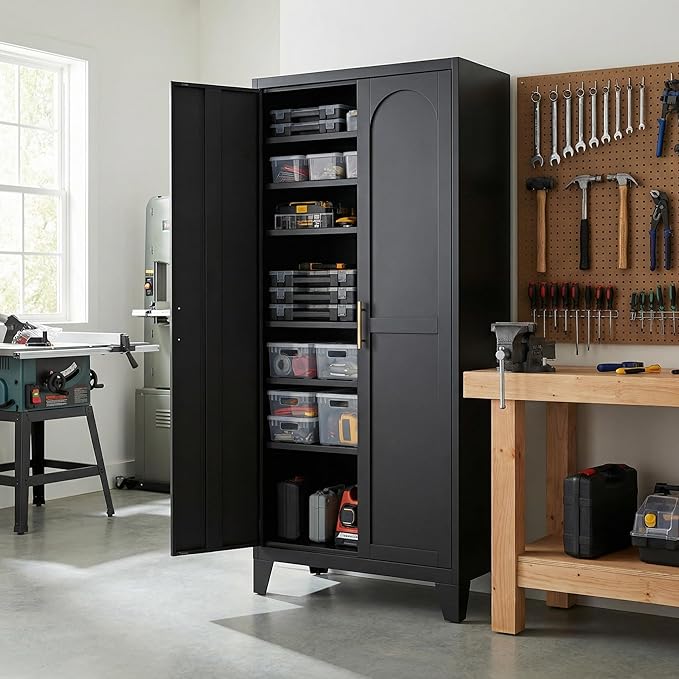 61" Metal Storage Cabinet, Garage Storage Cabinet with 3 Adjustable Shelves and Lockable Doors, Steel Tool Cabinet for Garage, Warehouse, Workshop and Outdoor Use