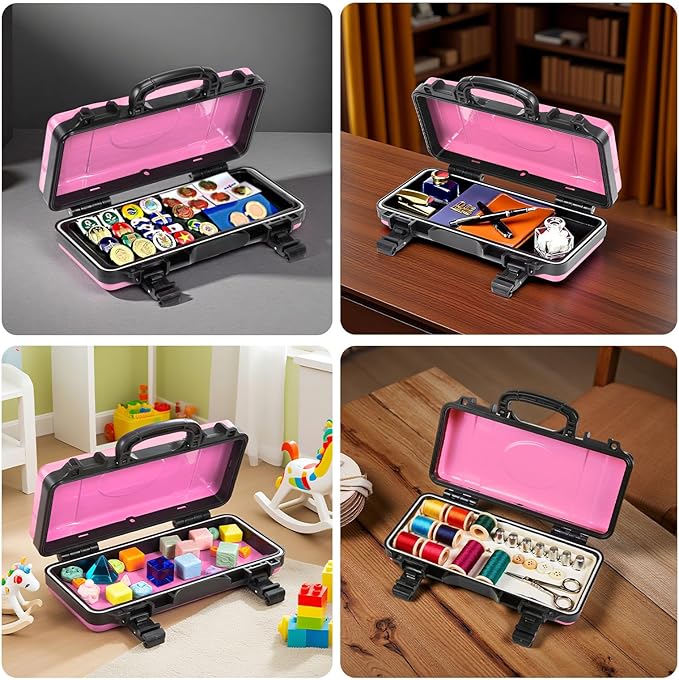 Geinxurn 11”Pink Tools Box, Portable Steel Heavy-duty Tool Case with Safety Latch and Handle for Tools Storage and Organizers, Home DIY