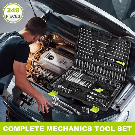FASTPRO 249-Piece Mechanics Tool Set, 1/2", 3/8", 1/4" Socket Set, SAE and Metric Socket Wrench Set, Include Combination Wrenches, Ratchets, Hex Keys, Tool Kit for Auto Repairs and Maintenance