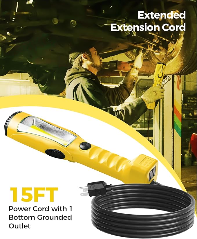 18W LED Work Light, 15FT 2000LM COB LED Light, Handheld Underhood Trouble Light with Cord 16 Gauge SJTW, Swivel Hook, for Garage, Workshop, Car Repair Scene, ETL Listed, Yellow Y03WL06