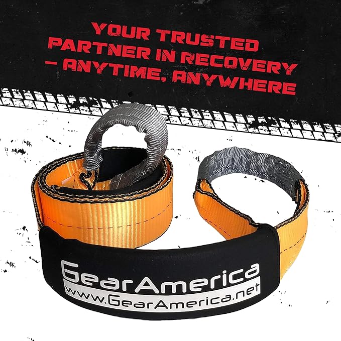 GearAmerica Heavy Duty Tow Strap 3" x 8' Tree Saver Winch Strap - 35,053 lbs (17.5 US Tons) Recovery Rope for Offroad, Weather Resistant with Triple Reinforced Loops - ATV Accessories