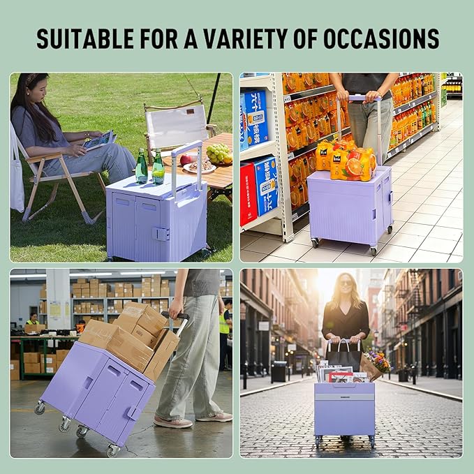 Folding Utility Cart Portable Rolling Crate Handcart Shopping Trolley Collapsible Tool Box, with Lid, on Rotate Wheels, for Grocery, Shopping, Office, Teacher, Camp,File (Purple)