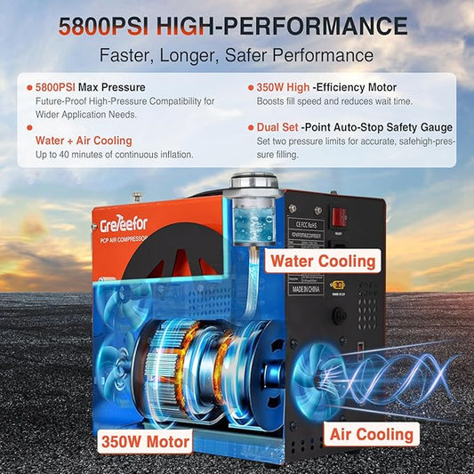 PCP Air Compressor, Max 5800 PSI / 40 MPa,350W High Pressure Portable Pump, Water & Air Cooling, Dual Auto-Stop Gauge, 12V DC & 110V AC, for Air Rifles, Paintball Tanks, HPA Cylinders, Orange