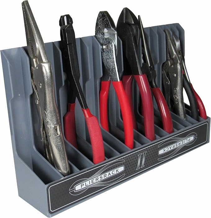 PLR16 Gray PliersRack for your Peg Board and Toolbox Drawer. Plier storage for Regular & smaller pliers. Keeps spring loaded pliers closed in your toolbox. Has a special tilt feature.
