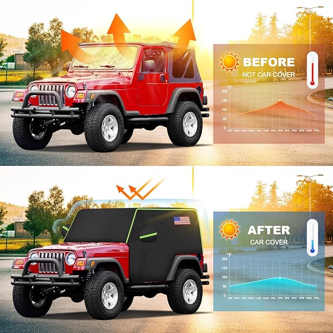 QUNSUNUS Cab Cover for Jeep YJ TJ 2 Door, Half Car Cover with Cotton Liner, All Weather Waterproof Rain Cover with Straps for Wind, Sun, UV and Dust Protection