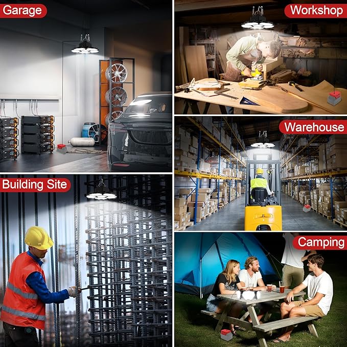 Cordless LED Work Light Compatible with Milwaukee 18V Battery, 65W 6500LM Flood and Ceiling Pendant Light with USB & Type-C Charging Port, 5+1 Deformable Panels for Garage, Fishing, Job Site, Camping
